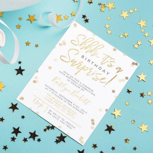 Shhh... Surprise Birthday Party Gold Foil Confetti Invitation (Creator Uploaded)