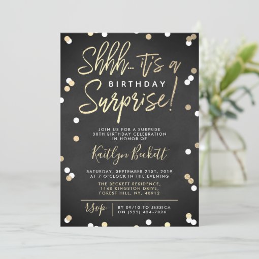 Shhh... Surprise Birthday Party Gold Foil Confetti Invitation | Zazzle