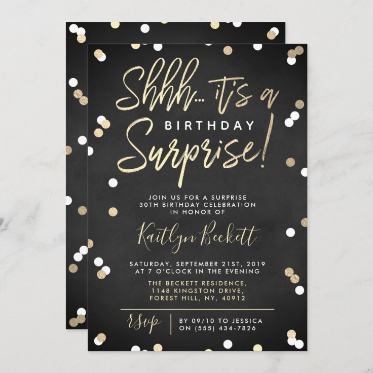 Shhh... Surprise Birthday Party Gold Foil Confetti Invitation | Zazzle