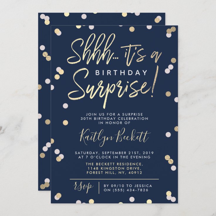 Shhh... Surprise Birthday Party Gold Foil Confetti Invitation | Zazzle