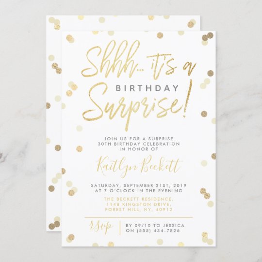 Shhh... Surprise Birthday Party Gold Foil Confetti Invitation | Zazzle.com