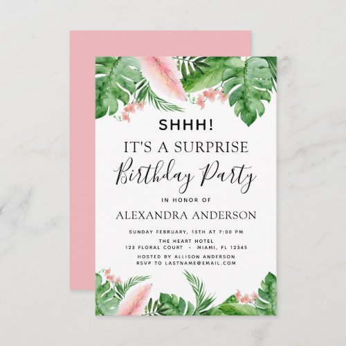 Shhh Surprise Birthday Party Tropical Palm Floral Invitation