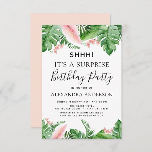 Shhh Surprise Birthday Party Tropical Palm Floral Invitation