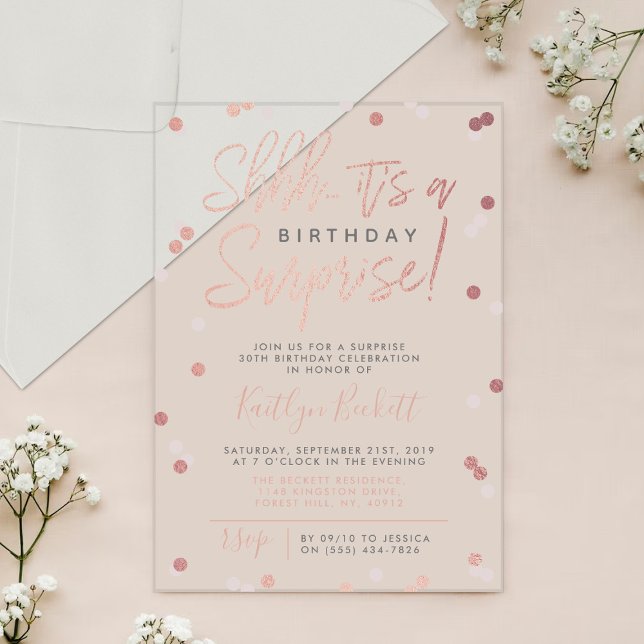Shhh... Surprise Birthday Rose Gold Foil Confetti Acrylic Invitations (Creator Uploaded)