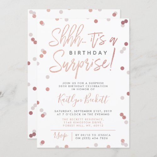 Shhh Surprise Birthday Rose Gold Foil Confetti Invitation