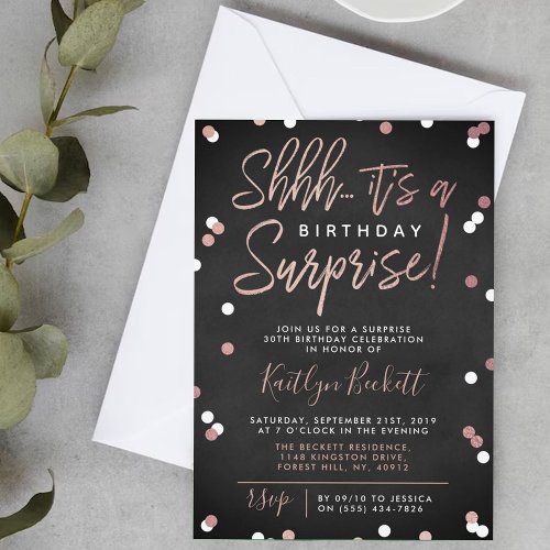 Shhh Surprise Birthday Rose Gold Foil Confetti Invitation