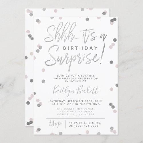 Shhh Surprise Birthday Silver Foil Confetti Invitation