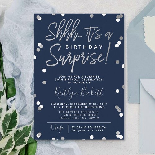 Shhh Surprise Birthday Silver Foil Confetti Invitation