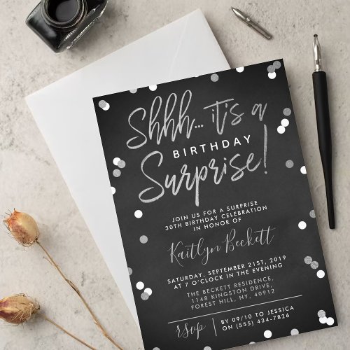 Shhh Surprise Birthday Silver Foil Confetti Invitation