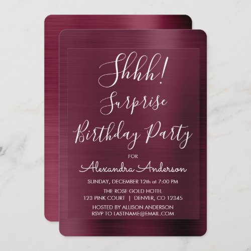 Shhh Surprise Burgundy Birthday Party Invitation