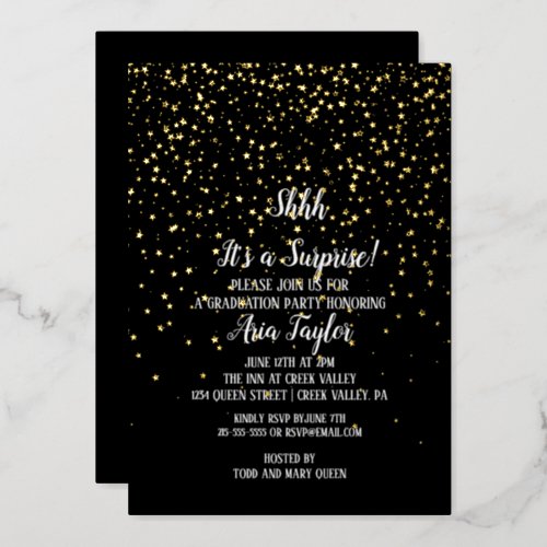 Shhh Surprise Confetti on Black Graduation Gold Foil Invitation