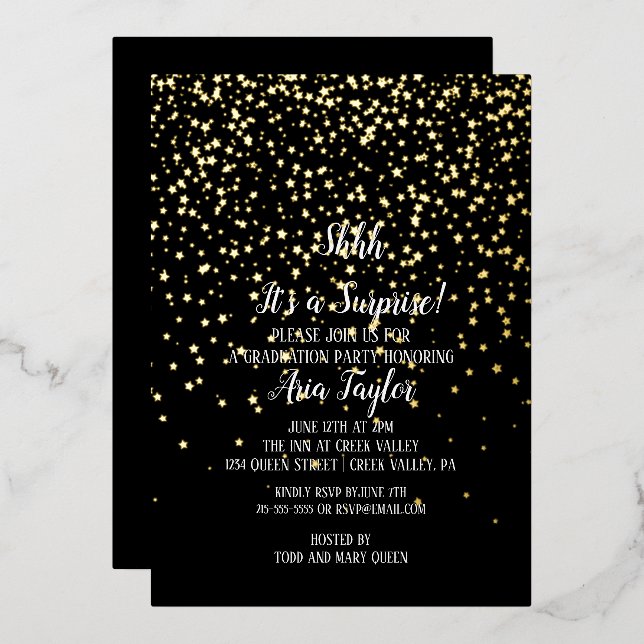 Shhh Surprise Confetti on Black Graduation Gold Foil Invitation (Front/Back)