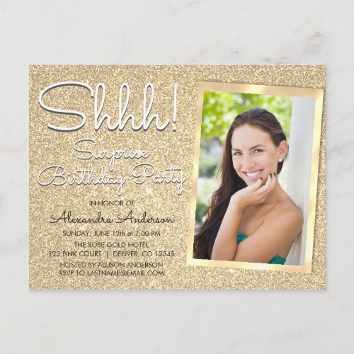 Shhh Surprise Gold Birthday Party Photo Postcard