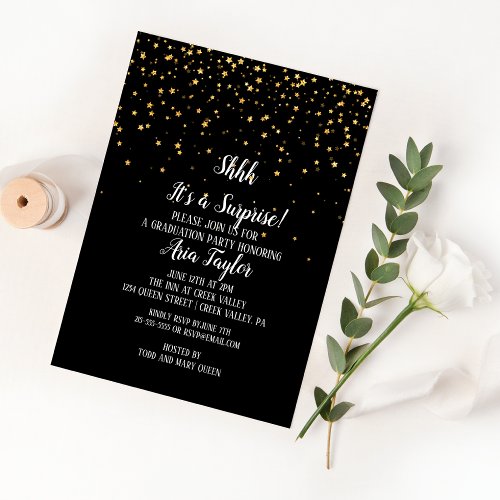 Shhh Surprise Gold Confetti on Black Graduation Invitation