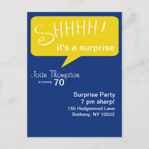 Shhh Surprise Party - Blue & Gold Invitation Postcard