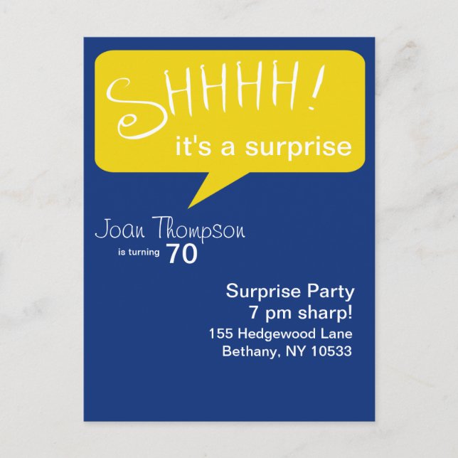 Shhh Surprise Party - Blue & Gold Invitation Postcard (Front)