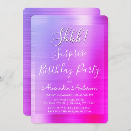 Shhh Surprise Pink Purple Birthday Party Invitation