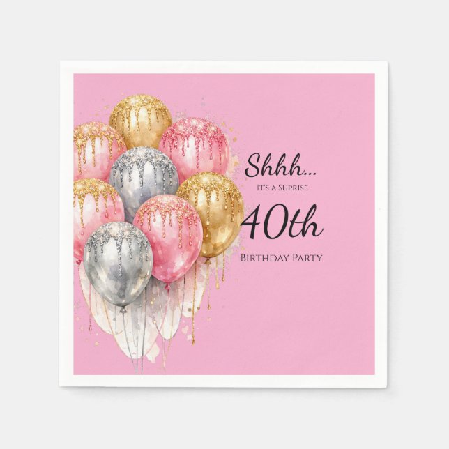 Shhh Surprise Pink Silver and Gold Birthday Party Napkins (Front)