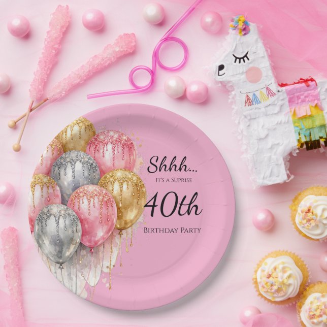 Shhh Surprise Pink Silver and Gold Birthday Party Paper Plates (Party)