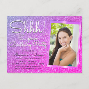 Shhh! Surprise Purple Pink Birthday Party Photo Postcard