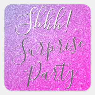 Shhh! Surprise Purple Pink Birthday Party Square Sticker