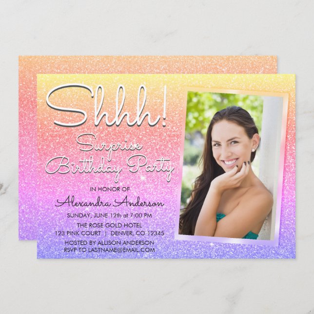 Shhh! Surprise Rainbow Birthday Party Photo Invitation (Front/Back)