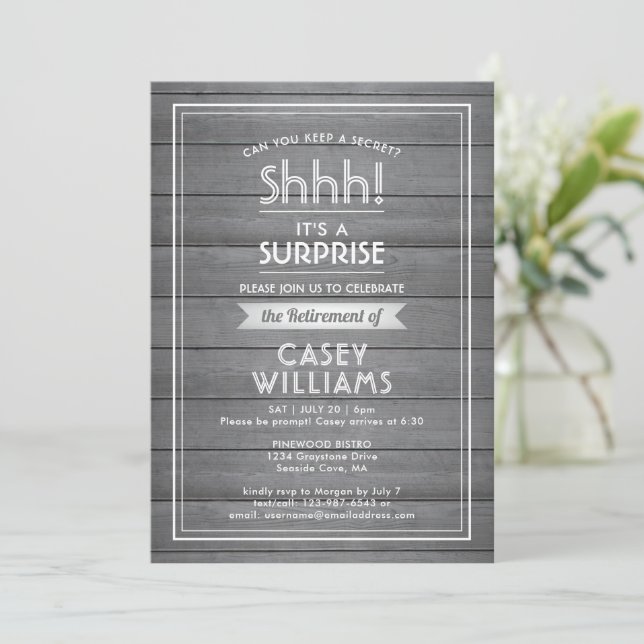 Shhh! Surprise Retirement Grey Faux Wood Rustic Invitation (Standing Front)