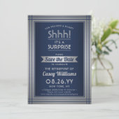 Shhh! Surprise Retirement Party Navy Blue & Silver Save The Date (Standing Front)