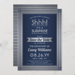Shhh! Surprise Retirement Party Navy Blue & Silver Save The Date