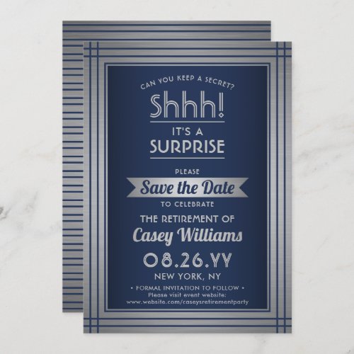 Shhh Surprise Retirement Party Navy Blue  Silver Save The Date
