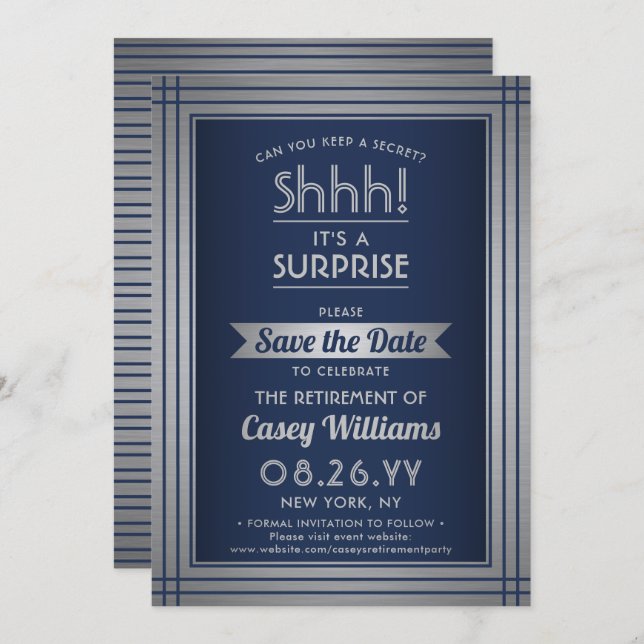 Shhh! Surprise Retirement Party Navy Blue & Silver Save The Date (Front/Back)