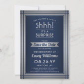 Shhh! Surprise Retirement Party Navy Blue & Silver Save The Date (Front)