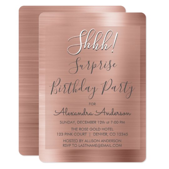 shhh surprise rose gold birthday party invitation zazzle com