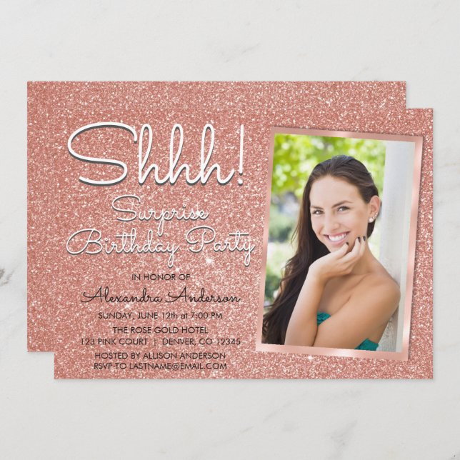 Shhh! Surprise Rose Gold Birthday Party Photo Invitation (Front/Back)