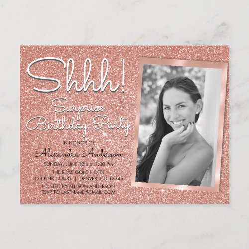 Shhh Surprise Rose Gold Birthday Party Photo Postcard
