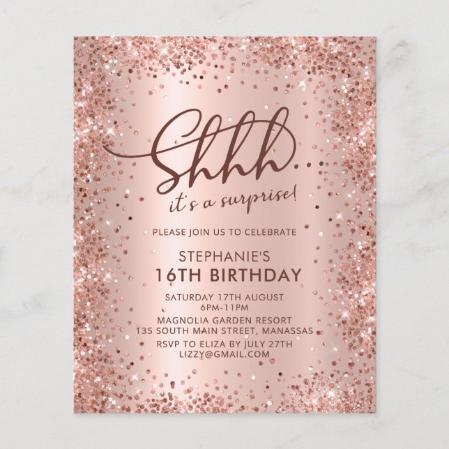 Shhh Surprise Rose Gold Sweet 16 Birthday Invite (Front)