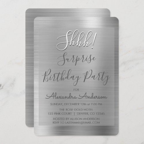 Shhh Surprise Silver Birthday Party Invitation