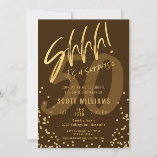 Shhhh Its a Surprise Gold Birthday Party Invitation