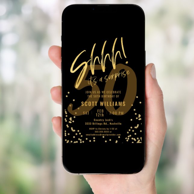 Shhhh! It's a Surprise Gold Black Birthday Party Invitation (Front Digital)