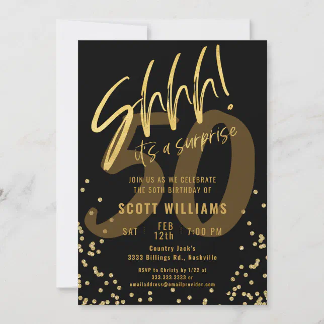 Shhhh! It's a Surprise Gold Black Birthday Party Invitation Zazzle