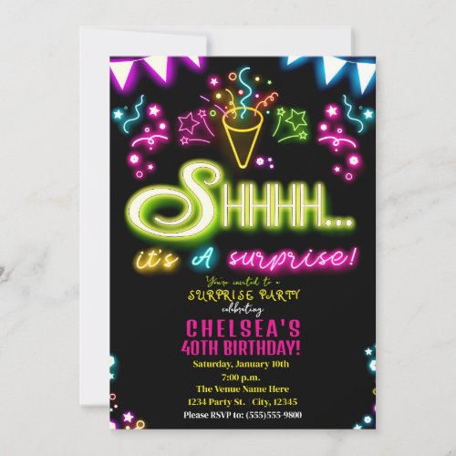 Shhhh Its A Surprise Party Neon Confetti Birthday Invitation