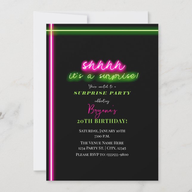 Shhhh It's A Surprise Party Neon Pink Green Light Invitation (Front)