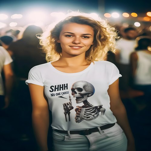 SHHHH No One Cares Skeletal With Defiant Sign T_Shirt