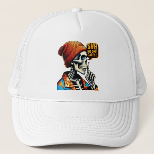 SHHHH No One Cares Skeleton Rebellious Message Trucker Hat