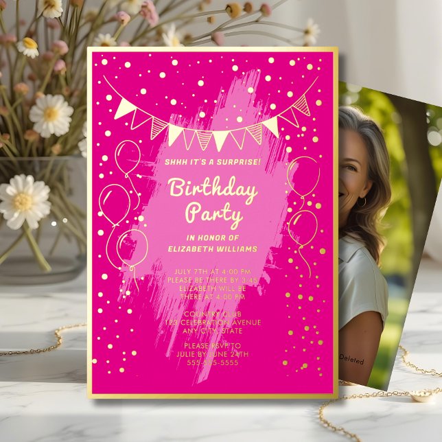 Shhhh Surprise Birthday Party Hot Pink Gold Glam   Foil Invitation (Creator Uploaded)