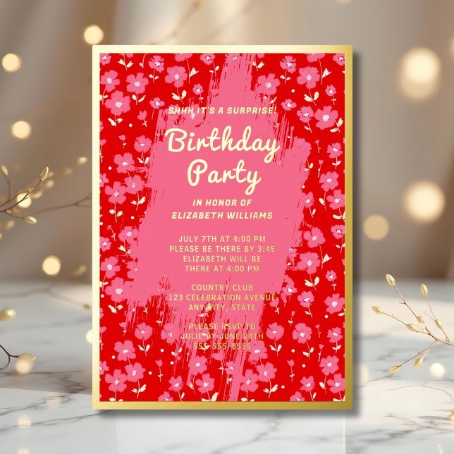 Shhhh Surprise Birthday Party Preppy Pink Floral Foil Invitation (Creator Uploaded)
