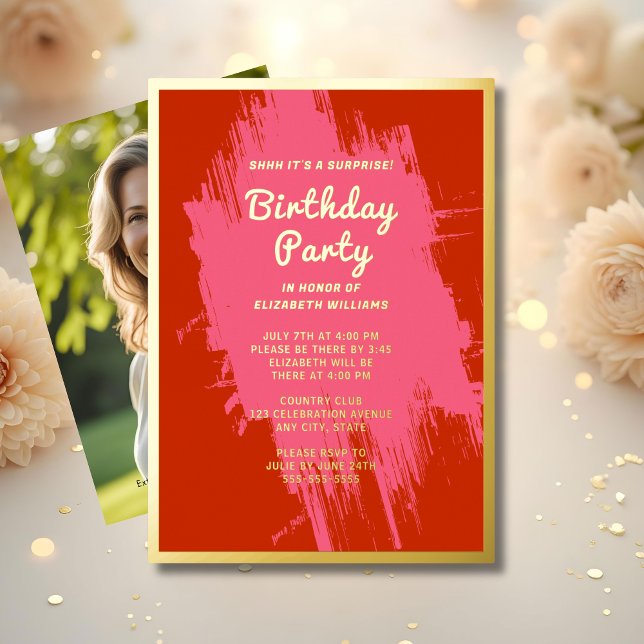 Shhhh Surprise Birthday Party Preppy Pink Glam   F Foil Invitation (Creator Uploaded)
