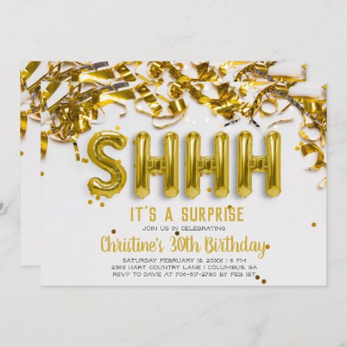 Shhhh Surprise Party Invitation | Gold Balloons