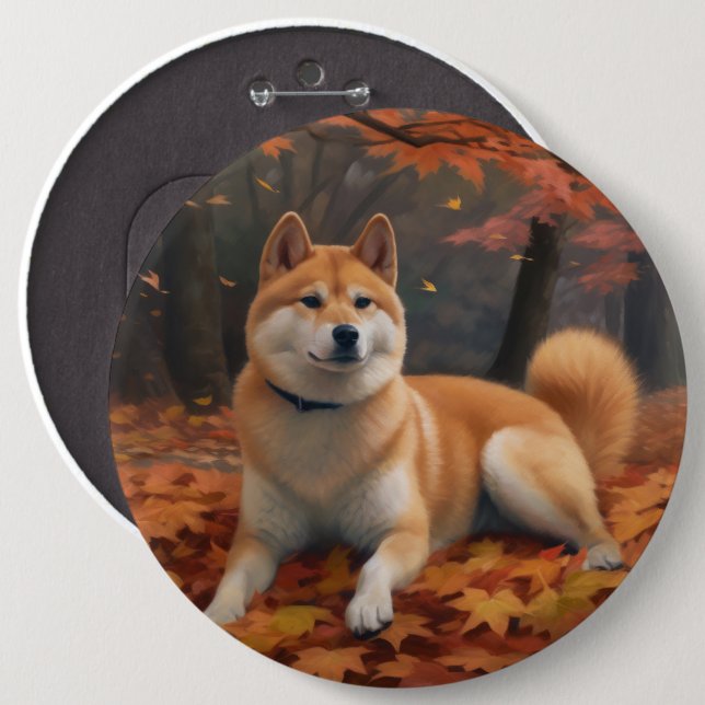 Shib Inu in Autumn Leaves Fall Inspire  Button (Front & Back)