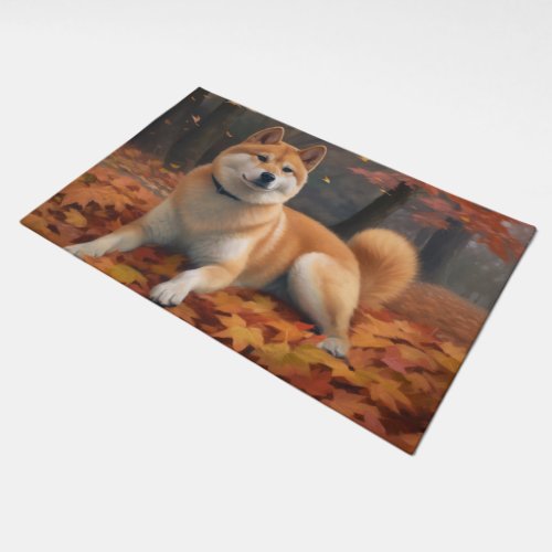 Shib Inu in Autumn Leaves Fall Inspire  Doormat